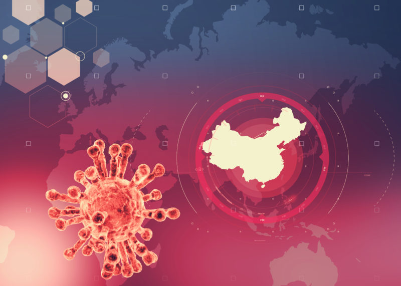 Microscopic view of Coronavirus, a pathogen that attacks the respiratory tract. Analysis and test, experimentation. Contagion. Sars. World map with China highlighted. 3d render