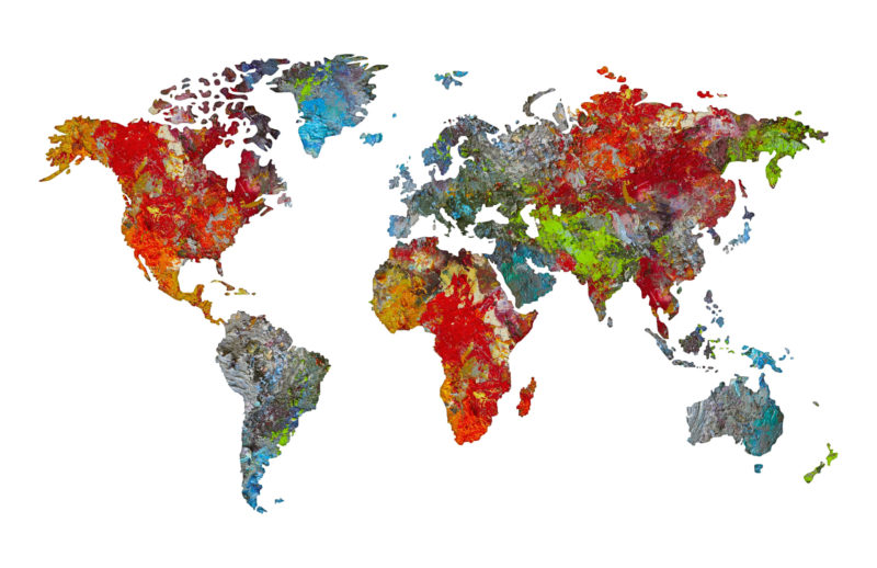 World map silhouette in palette of artist