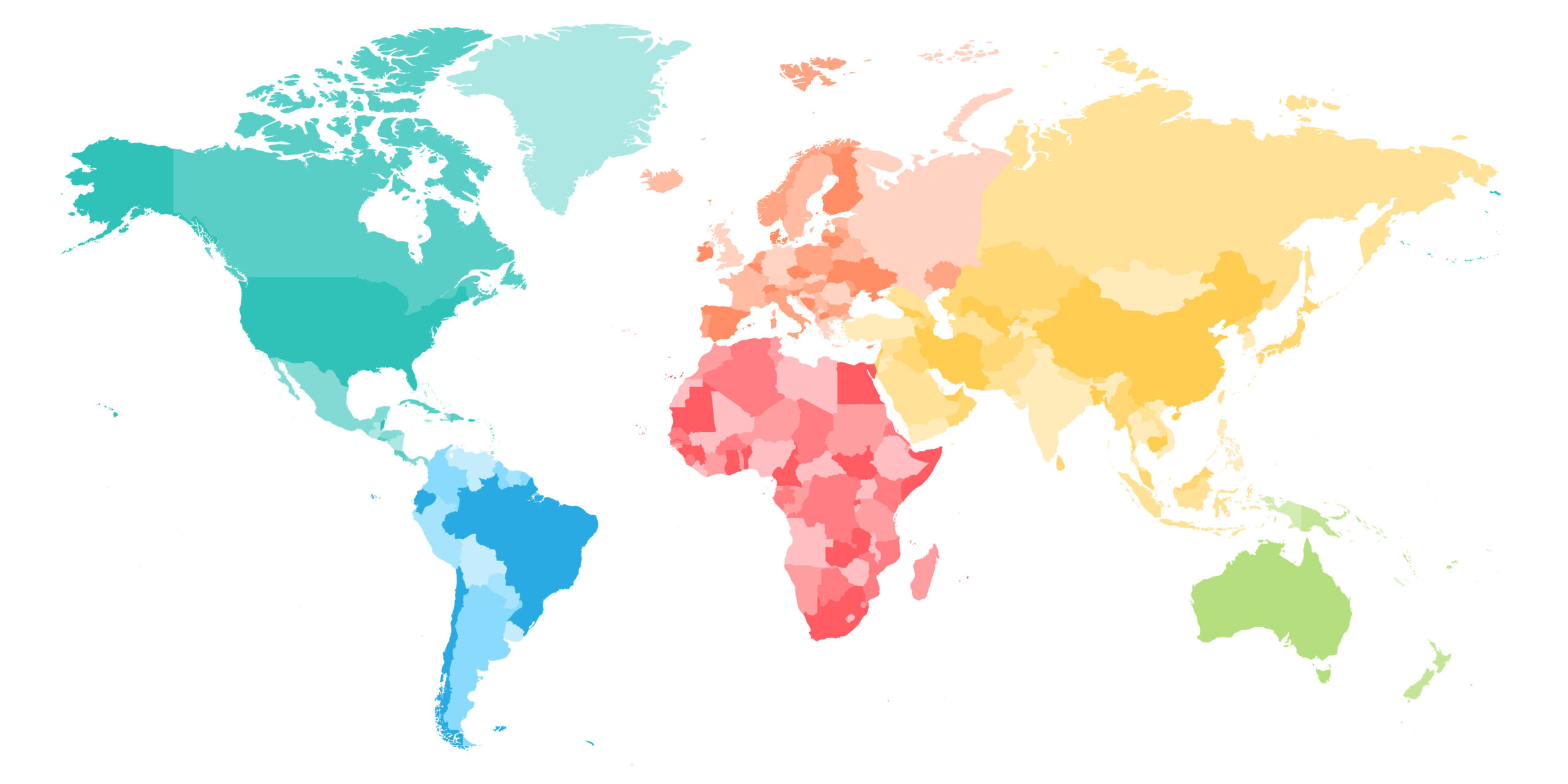 Colorful political map of World divided into six continents. Blank vector map in rainbow spectrum colors